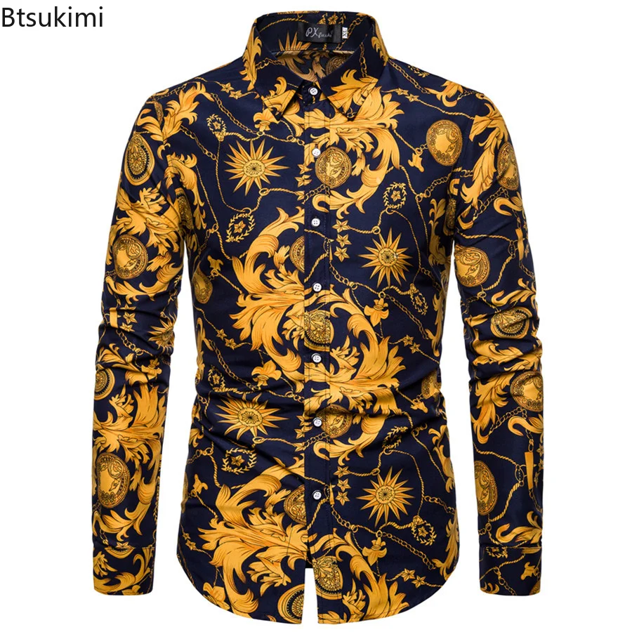 New2023 Men Floral Print Dress Shirts Male Slim Fit Ethnic Flowers Long Sleeve Casual Cotton Spring Autumn Tops Camisa Masculina