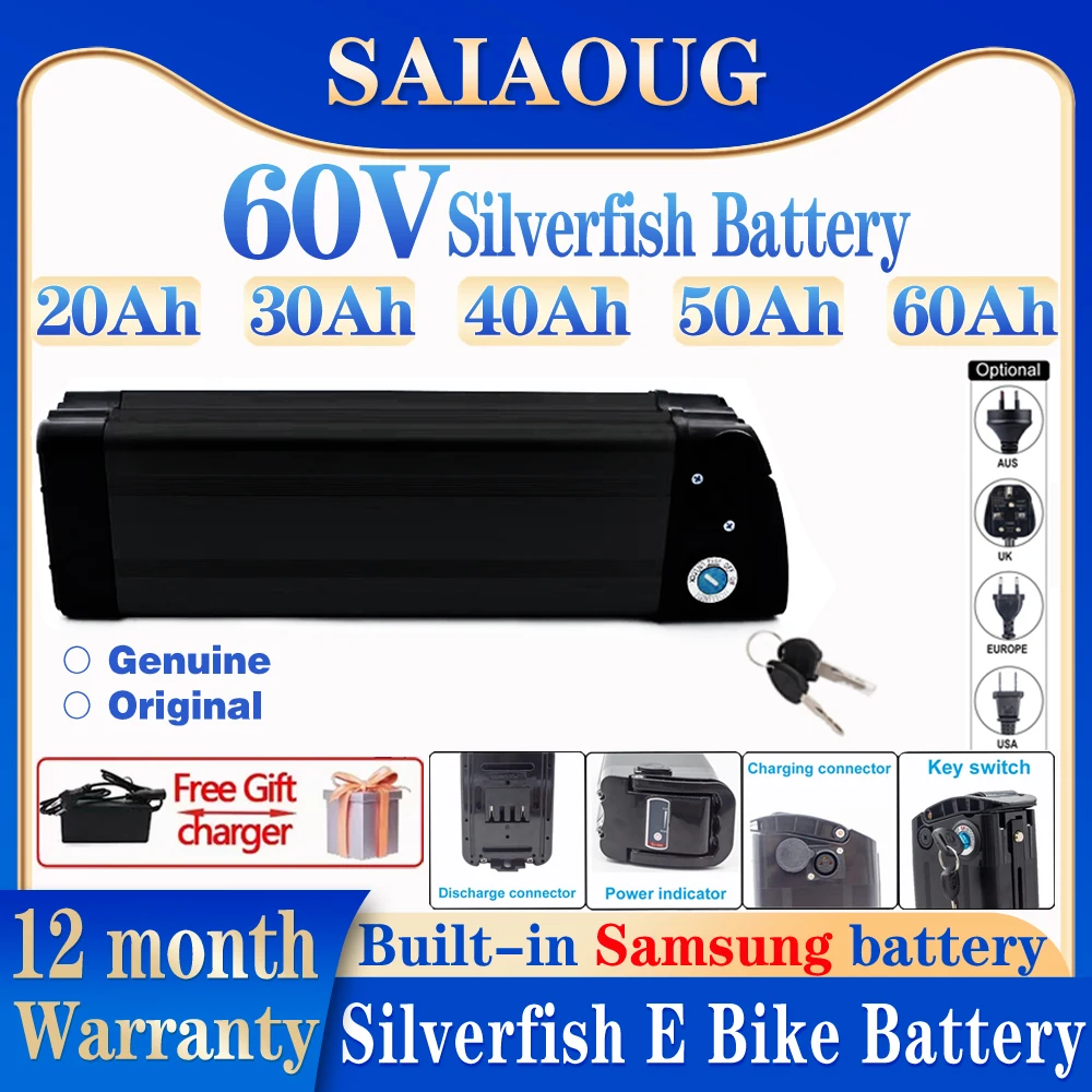

SilverFish 60V 30Ah 40Ah 50Ah 60ah Lithium Battery EBike Akku Accu Electric Bicycle 200-3000W Batterie+Charger+Security Lock