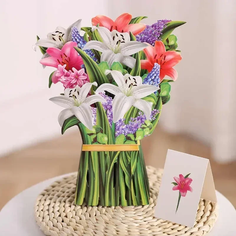 Greeting Cards Paper Flower Bouquet Card 3D Pops-up Bouquet Forever Paper Hand Valentine's Day Gift Mother's Day 1/3/5/10PCS