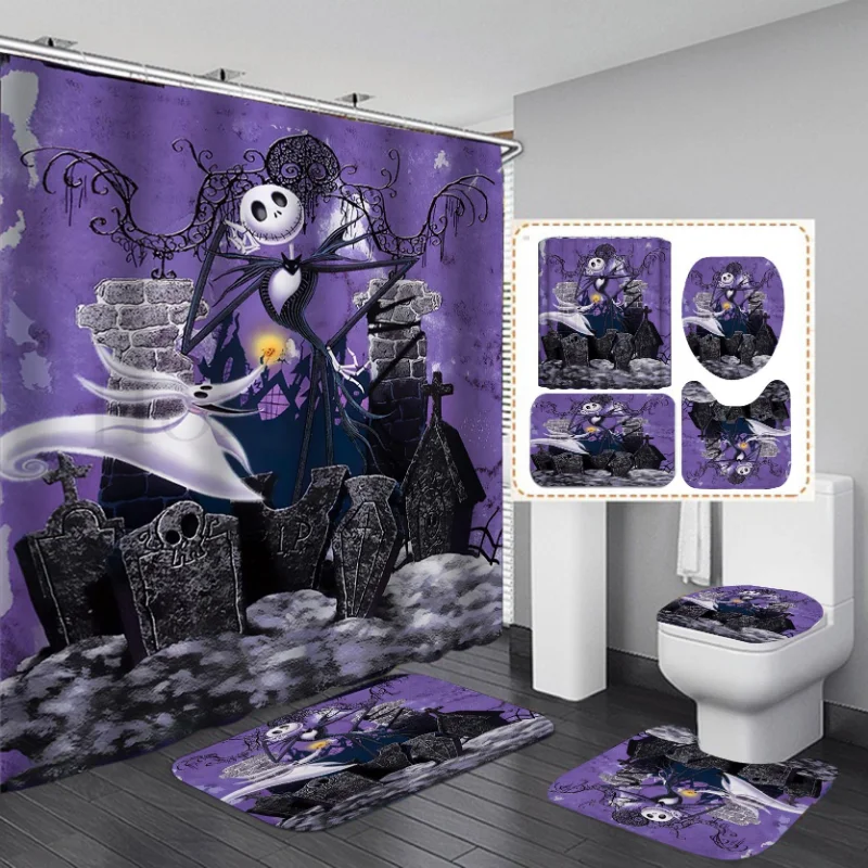 thumbnail image 1 of Cortina de ducha impermeable para baño, accesorios de decoración de Halloween, regalo de 4 piezas, pesadilla antes de Navidad, Zombie, novia, Jack, 1 of 5