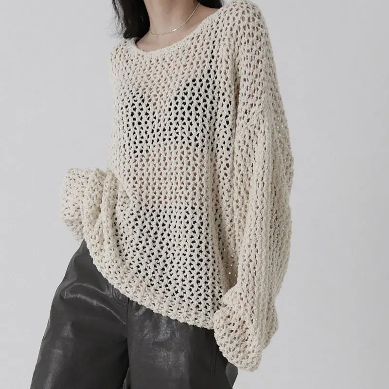 

ZCSMLL Korean Autumn Round Neck Hollow Out Pullover Loose Casual Long Sleeve Perspective Knitwear Tops Solid Color Women