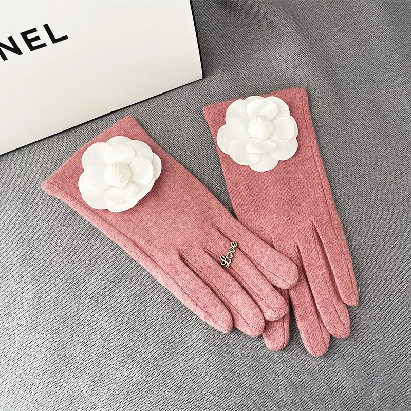 Korean Flower Pearl Wool Warm Gloves For Sports Women\'s Winter Outdoor Driving Plus Velvet Thicken Touch Screen Cashmere Mittens