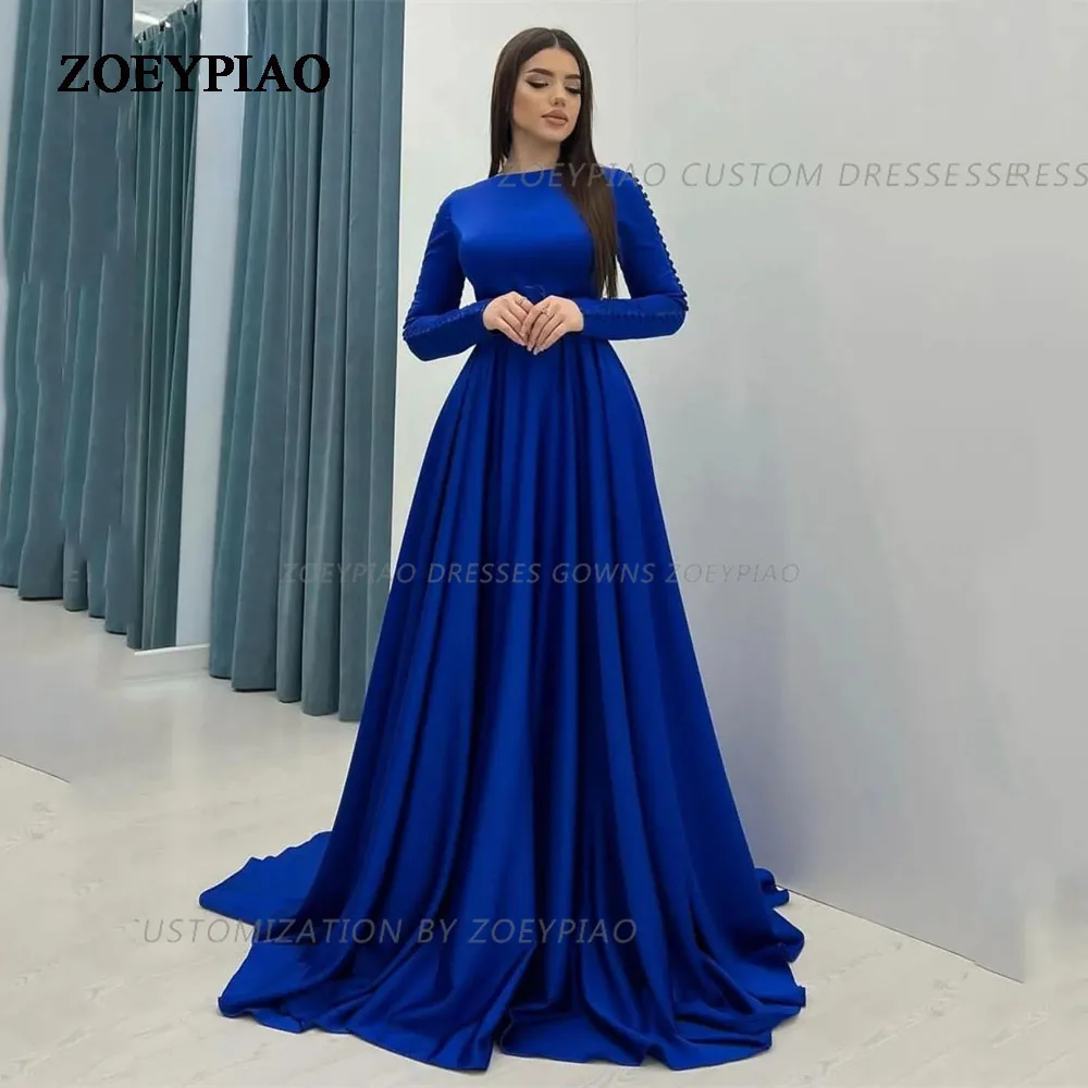 

Hot Blue Button A Line Evening Dresses Long Sleeves Satin O Neck Pleats Prom Gowns Formal Event Party Dubai Arabic Women