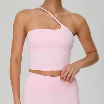 New One Shoulder Sports Bra Women Solid Color Nude Feeling Push Up Tank Top Outerwear Gym Sleevelss Yoga Workout Clothes