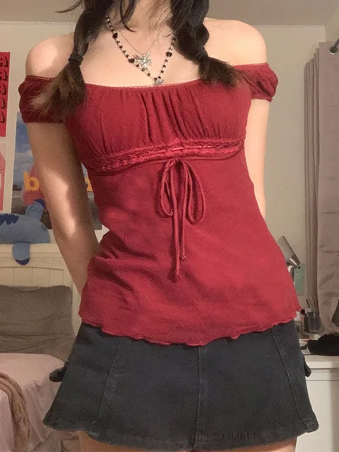 T-shirt en dentelle douce esthétique des années 2000 pour femmes, proximité désactivée, t-shirt Wstring, mode coréenne féminine, nickel é, streetwear grunge 1