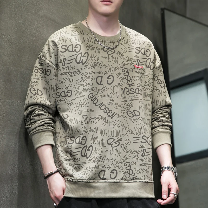 Men\'s Spring Autumn Round Neck Pullover Geometric Shape Letter Printed Lantern Long Sleeve Sports Hoodies T-shirt Undershirt Top