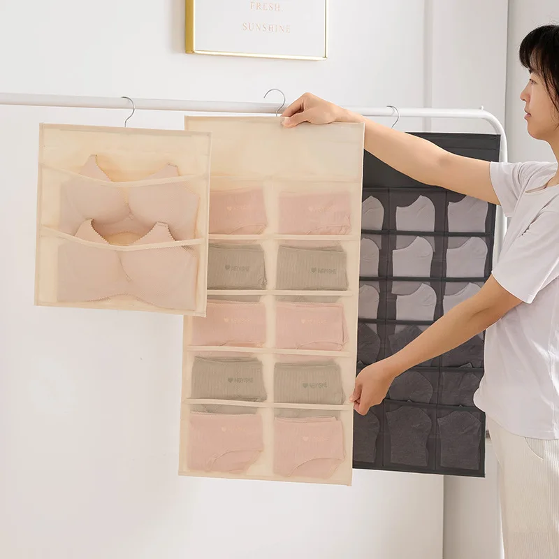 Beige Bedroom Closet Underwear Storage Bag Household Wall-Hanging Double-Sided Storage Fabric Bra Socks Briefs Organizer Rack 5
