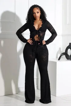 2026 Women's Set Long Sleeve Lace See Through Shirt + Long Pants Street Evening Sexy Two 2Piece Sets Outfits Tracksuit 1