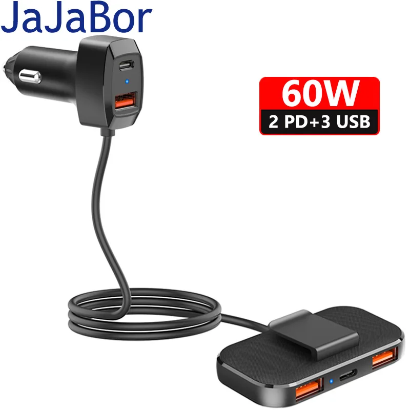 

JaJaBor USB Car Charger 5 Port Quick Charge QC3.0 PD 1.5M Extension Cable For iPhone Xiaomi Mobile Phone 60W Power Adapter