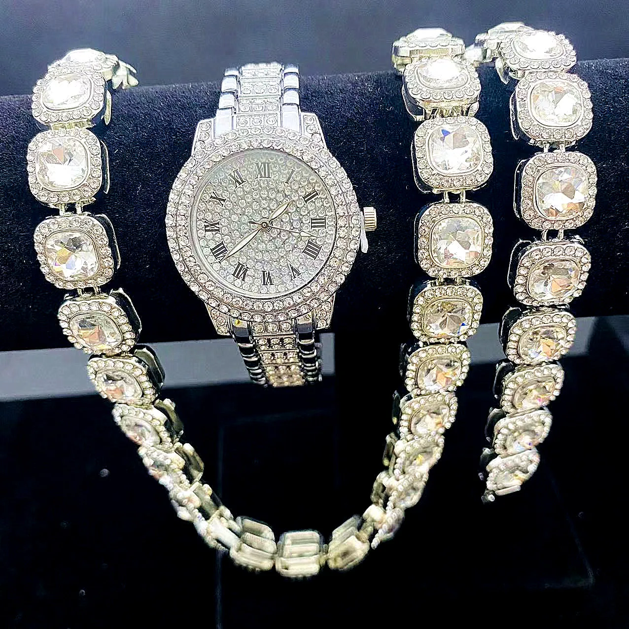 Iced Out Cuban Link Women's Chain Hip Hop Jewelry Watch Choker Silver Color Rhinestone CZ Clasp for Men's Rapper Necklaces Gifts