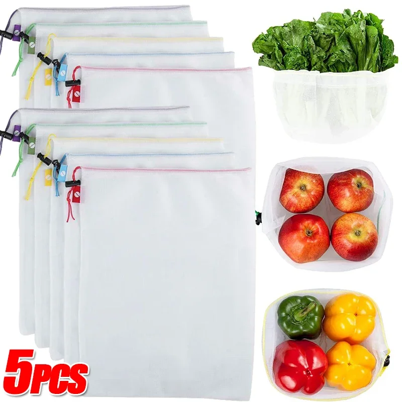 5pcs Reusable Storage Bags Washable Fruit Vegetable Mesh Bags Kitchen Food Organizer Home Toys Grocery Storage Packaging Pouch