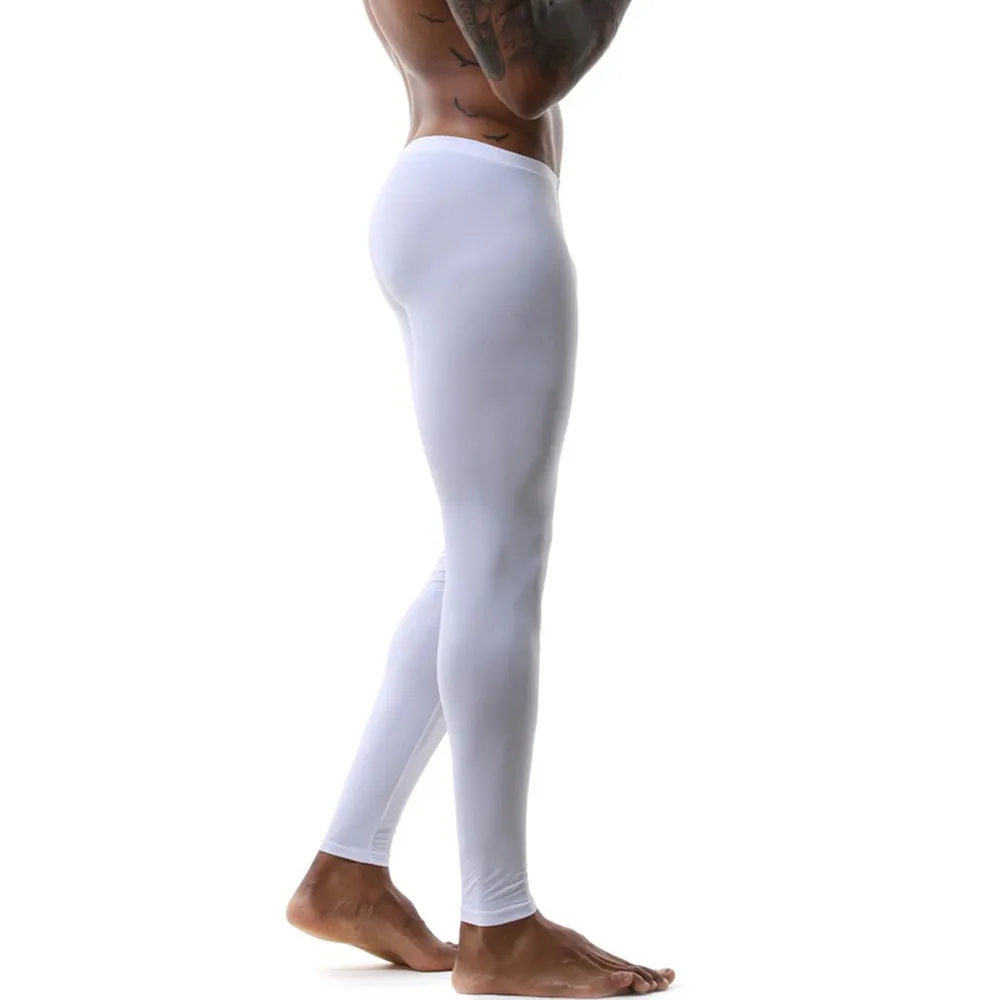 

Men's Tight-Fitting Stretch Home Pants Ice Silk Sexy Autumn Translucent Home Pants Leggings Male U Convex Peni Pouch Long Johns