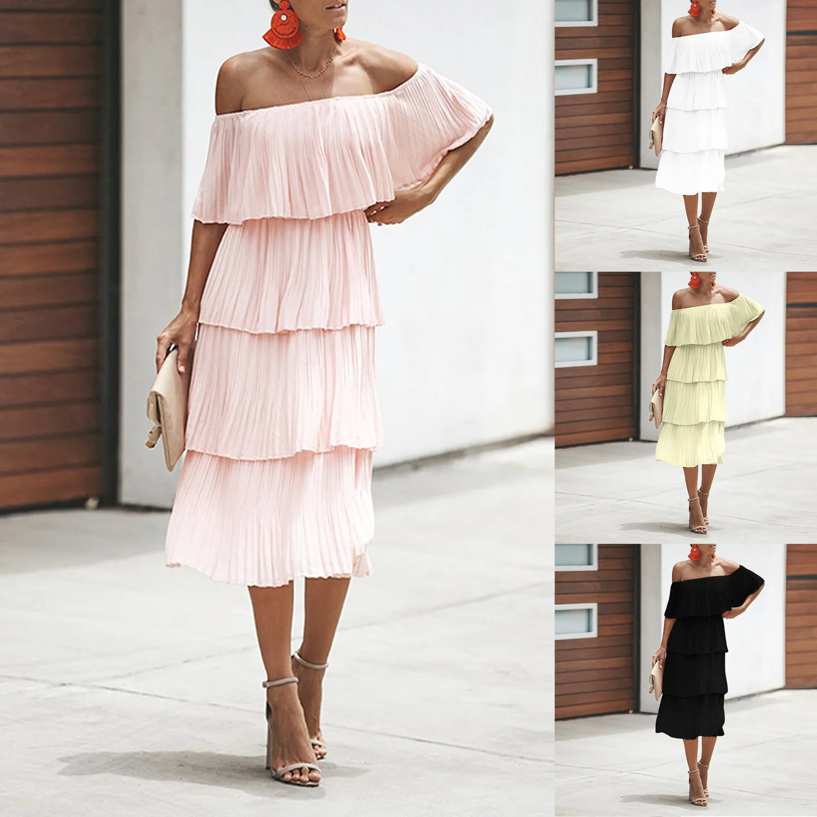 

Women's Off The Shoulder Ruffles Summer Loose Casual Chiffon Long Party Beach Maxi Dress Print Maxi Dresses for Women