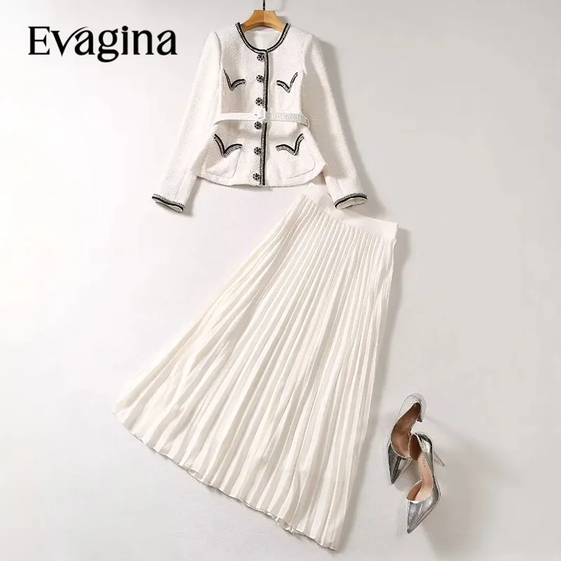 

Evagina 2024 New Fashion Runway Designer Women's Nail Beads Round Neck Coarse Tweed Jacket Coat+Pleated Skirt 2-Piece Set