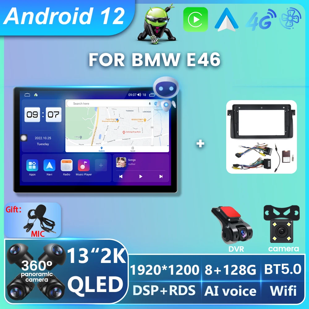 

Автомобильный радиоприемник 13 ''QLED Android 12, мультимедийный плеер для BMW E46 320i 325i 323i 330i, беспроводной Carplay GPS, основное устройство 2Din, стерео DSP