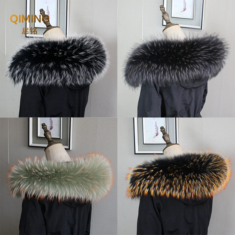 Winter 100% Real Fur Collar Natural Raccoon Fur Scarf Women Luxury Coat Trim Hood Decor Accessories Warm Scarves Fashion Shawl