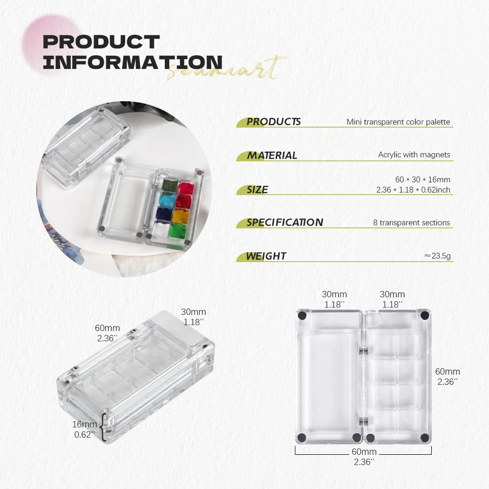 SeamiArt 2pcs 수채화 페인트 하위 패키지에 대 한 투명 자기 미니 여행 플라스틱 그림 상자 팔레트