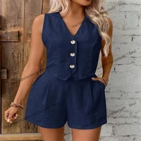 الصيف القطن الكتان مجموعات المرأة الصلبة عادية قطعتين مجموعات موضة جديدة مثير الخامس الرقبة سترة دون أكمام القمم والسراويل دعوى النساء 3