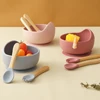 3PCS Baby Silicone Dinner Set Food Grade Tableware Sets For Kid Wooden Handle Spoon Fork Feeding Training Baby Dishes Baby Stuff 5