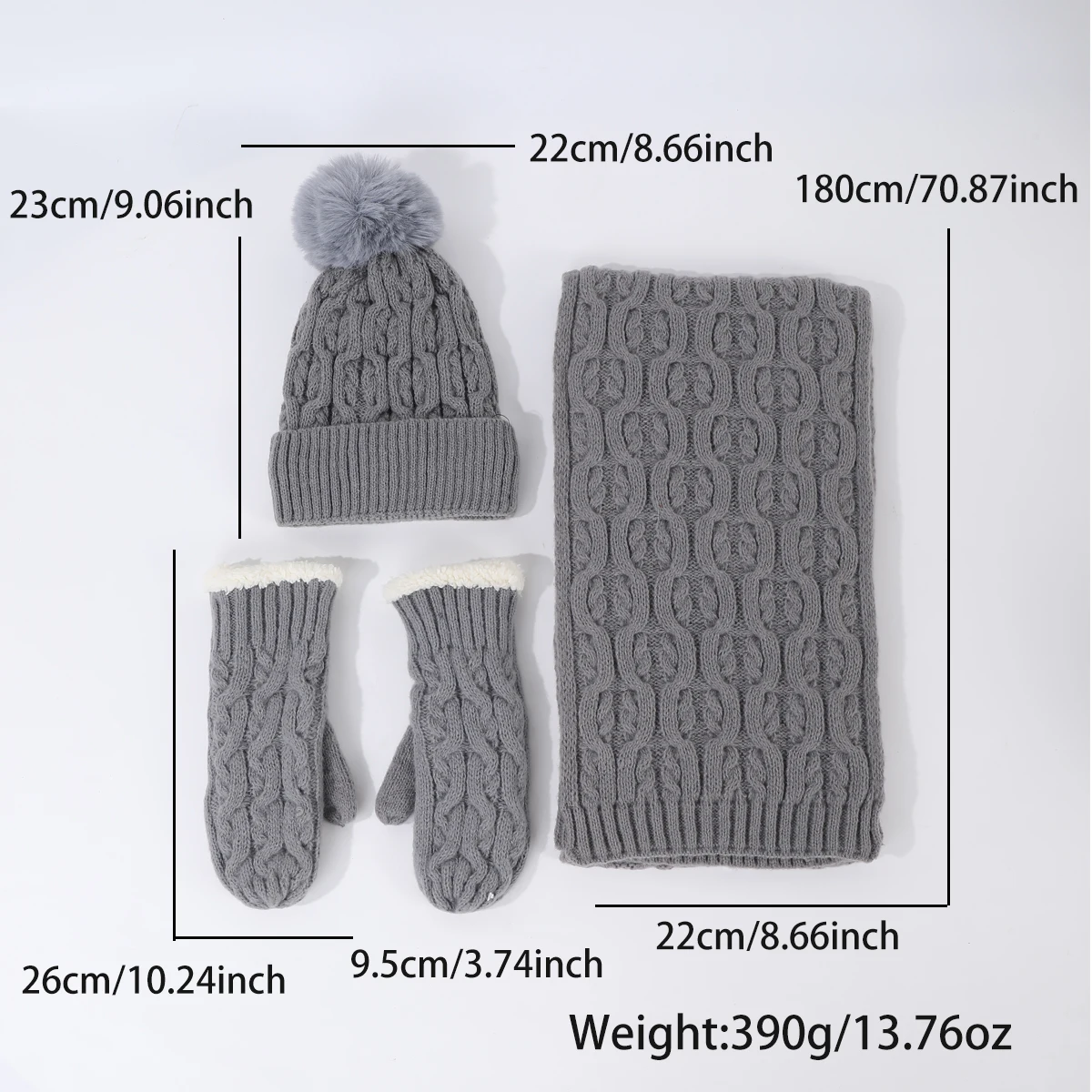 Women Solid Wool Fabric 3pc Gloves Scarf Hat Knitted Suit Striped Geometric Pattern Soft Coldproof Warm Thick Autumn Winter Gift