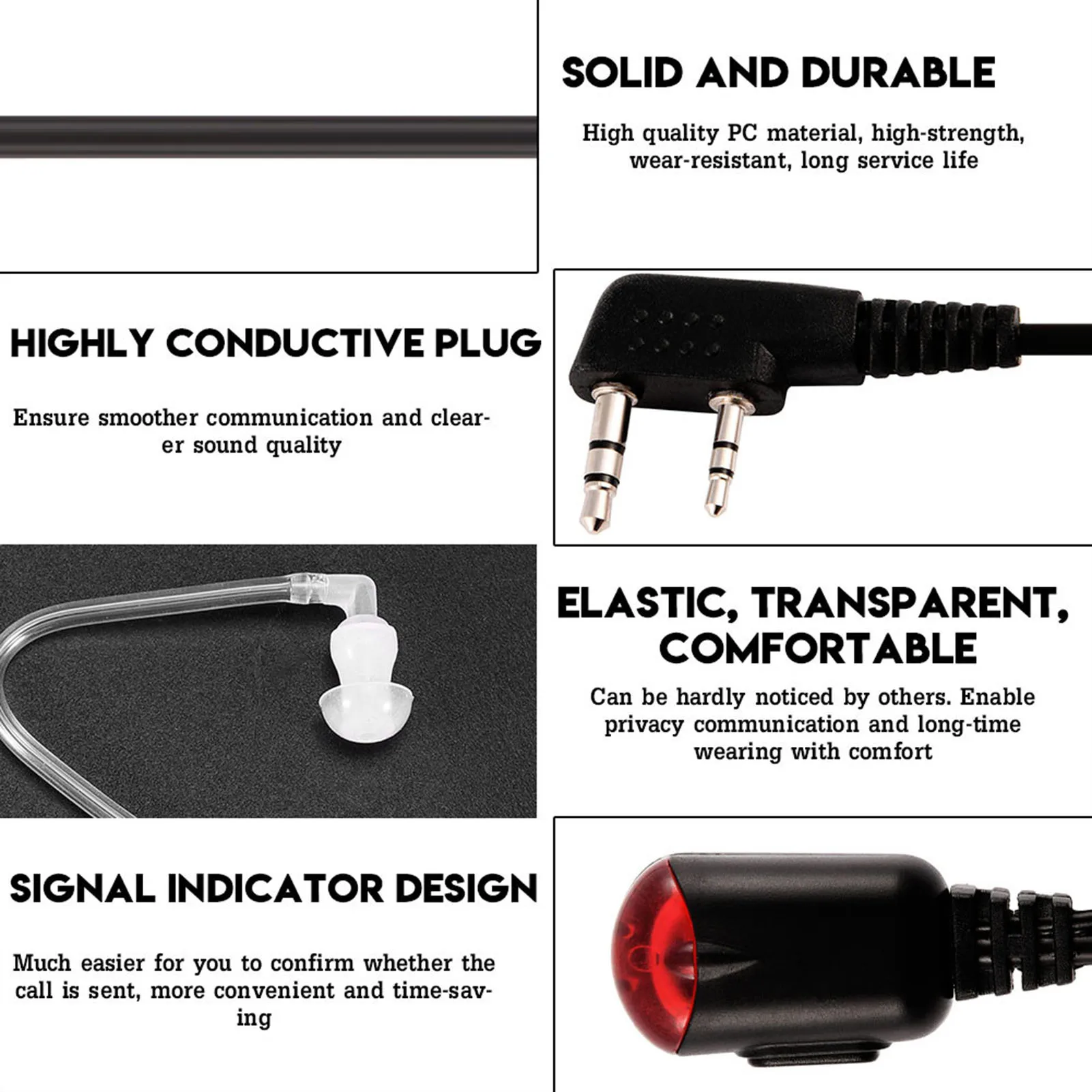 Acoustic Tube Earpiece 2Pin Acoustic Tube in Ear Earpiece W PPT Mic Red Light for 2 Way Radio Wakie Talkie