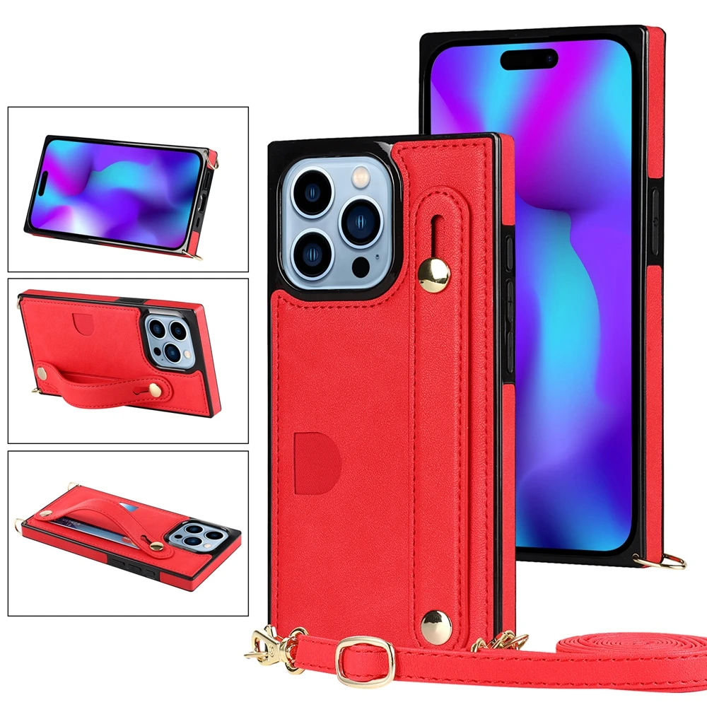Elegant Crossbody Leather Phone Case with Kickstand and Card Slot Featuring a Wristband Design