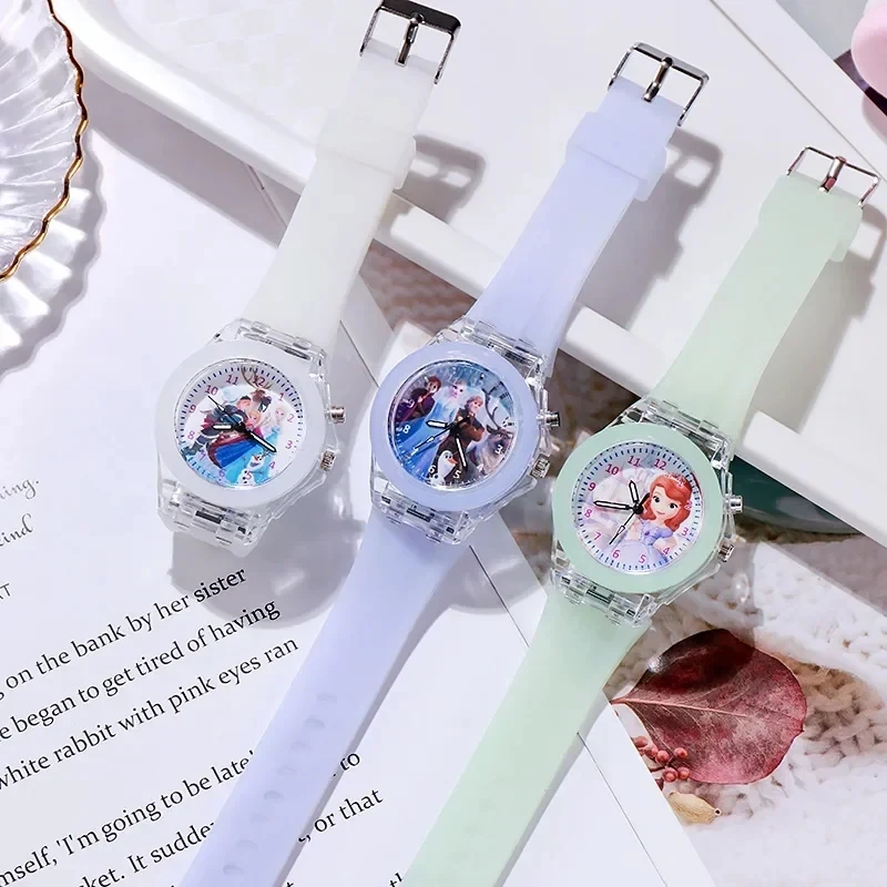 MINISO Disney Children Watch Frozen Princess Pattern Led Glowing Flash Fashion Kids Quartz Wristwatch Christmas Gifts 5