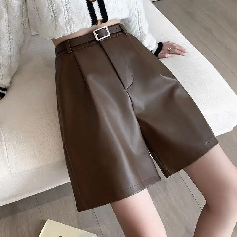 Women's Solid Color 2023 Autumn and Winter Loose High-waisted Zipper Button Leather Shorts Pockets Folds Casual Straight Pants