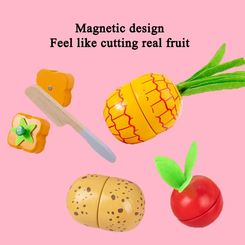 Kids Pretend Play Magnetic Cutting Toys Wooden Fruits Vegetables Cognitive Toys Simulation Food Educational Gift for Girl