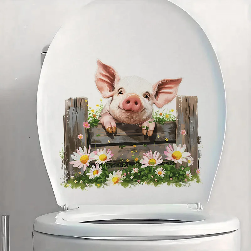 C1212# Pig with Woodne Fence Self-Adhesive Toilet Stickers,Wall Decal Removable, Reusable Vinyl Car Sticker for Bathroom Decor