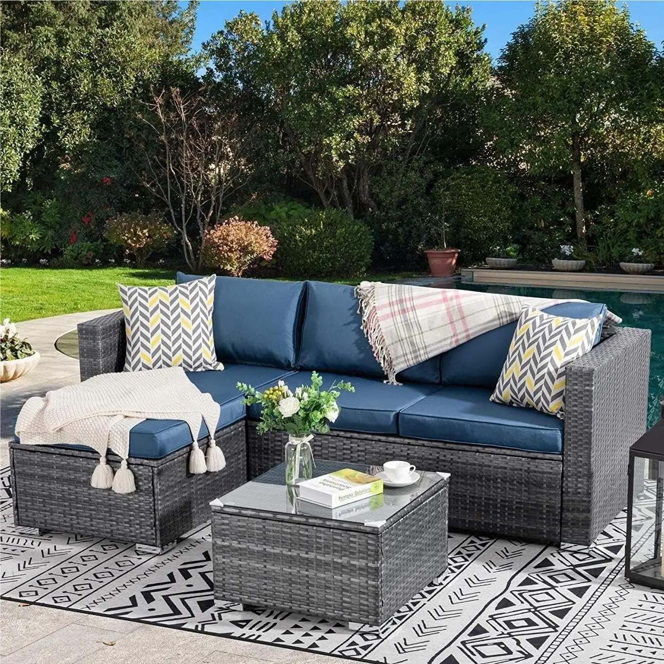 

JAMFLY Outdoor Patio Furniture Sets, All-Weather Rattan Outdoor Sectional Sofa with Tea Table and Cushions Upgrade Wicker