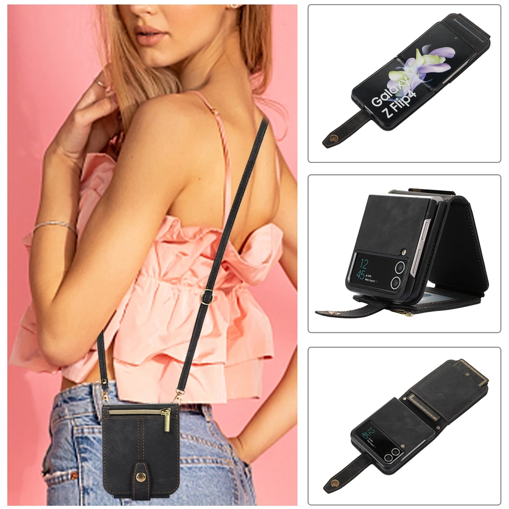 Crossbody Leather Wallet Case with Zipper Phone Cover & Lanyard Strap
