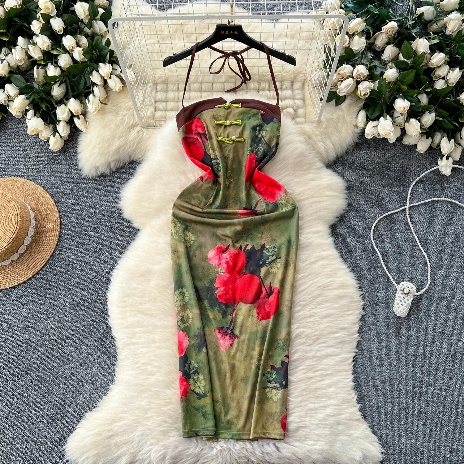 

Sexy Chinese Style Floral Print Halter Breasted Dress Women Chic Vintage Evening Party Club Chic Slim Summer Pencil Dresses