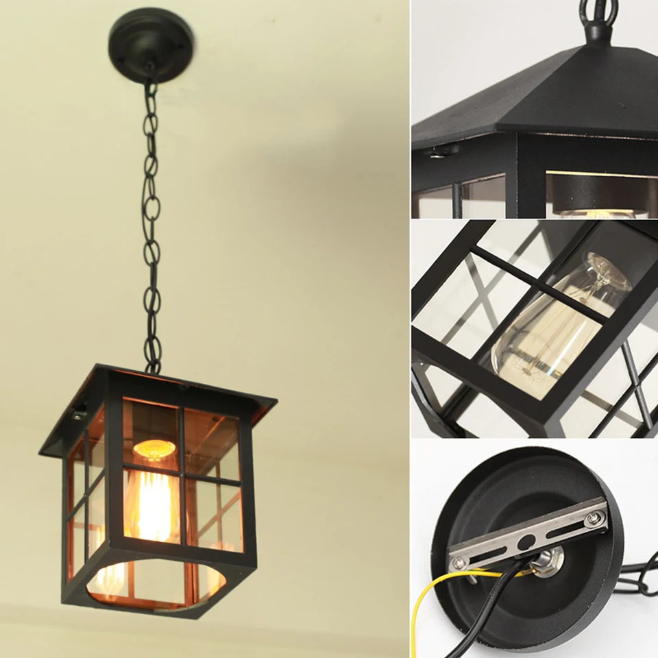 Lampada A Sospensione Per Esterno In Ferro E Vetro, Stile Industriale Retrò, IP44 Antipioggia, Attacco E27, Catena Regolabile 60 Cm, Per Gazebo, Patio E Giardino