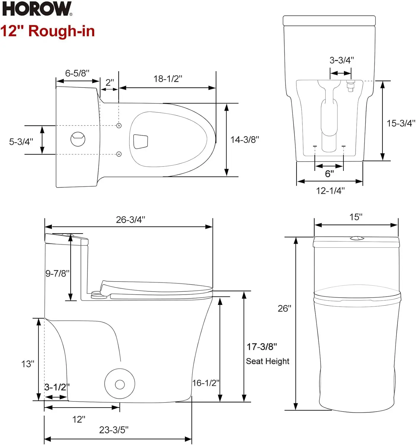 2025-hotT0338WB Elongated One Piece Toilet Black, Compact Modern Toilet with Comfortable Seat Height, ADA Chair Height 17.3"