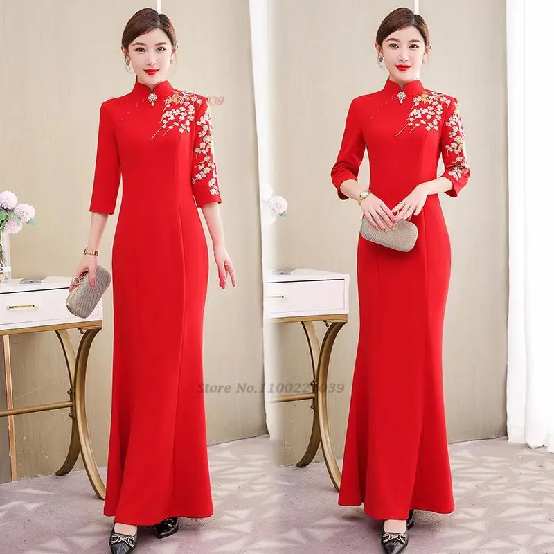 

2024 chinese dress improved cheongsam qipao elegant oriental banquet dress national flower embroidery cheongsam evening dress