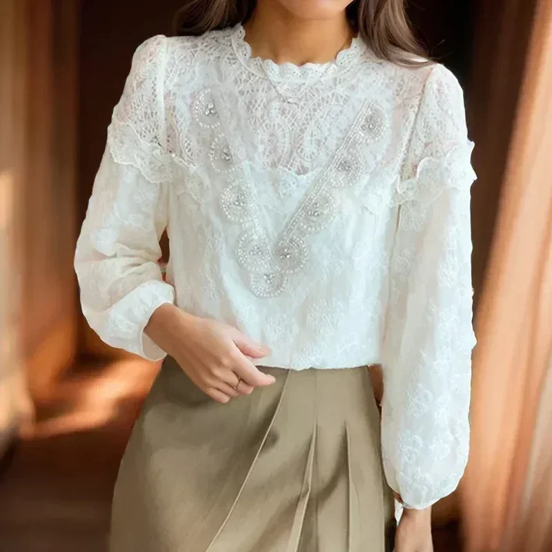 

2023 Модная элегантная кружевная Простая рубашка, новая женская блузка с длинным рукавом и вышивкой, Осенние Топы, свободная одежда с бусинами, блузы 30132