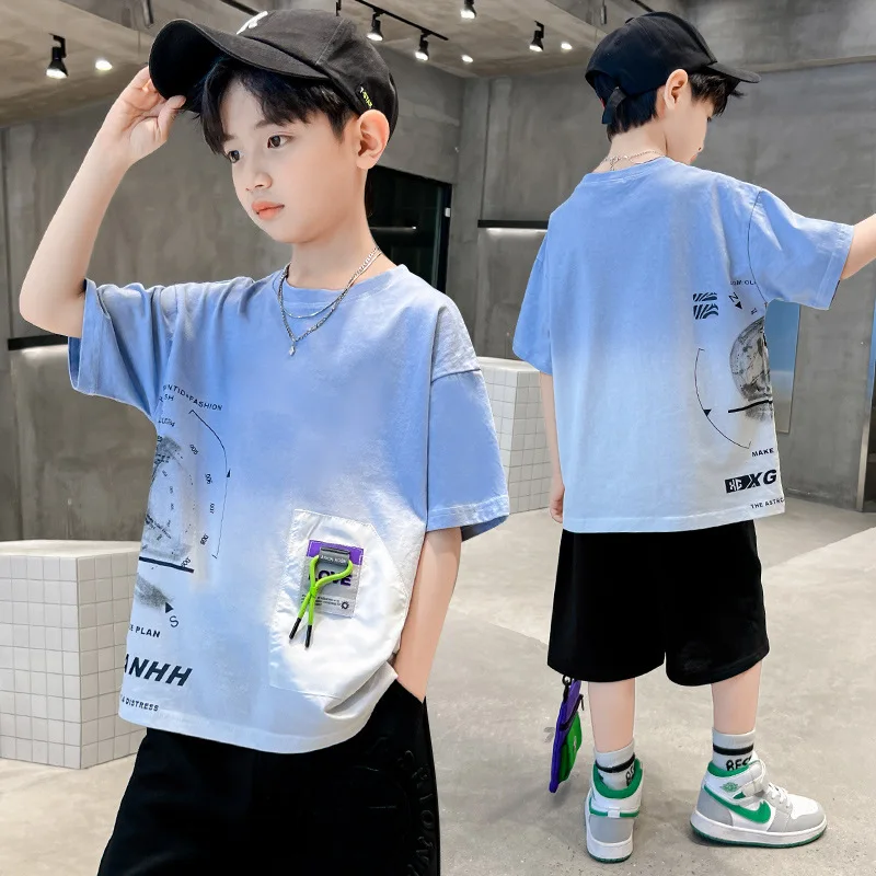 

Korean Summer School Boy T-shirt Children Boy Printed Casual Top Teenager Boy Cotton Short-Sleeved T-Shirt Tops Kids Sportswear