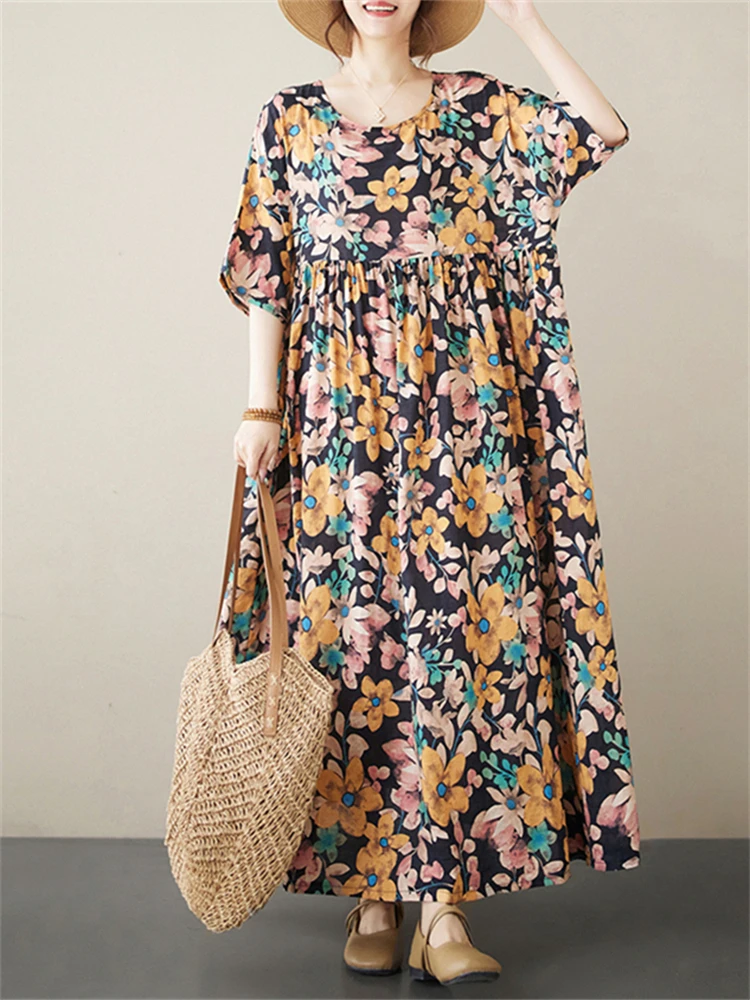 Oversize Summer Cotton Short Sleeve Print Dresses For Women Vintage Casual Loose Long Dress Femme Robe Vestidos Elegant Clothing