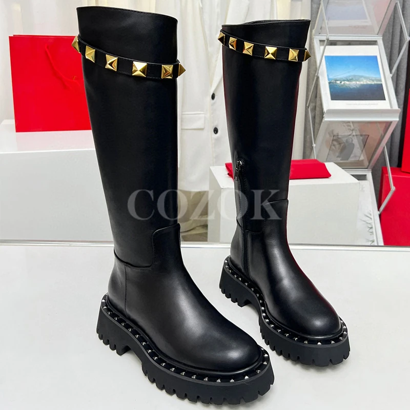 

New Women Long Boots 2023 Autumn Metal Rivet Decor Height Increasing Straight Boots Wear Resistant Thick Bottom Ladies Shoes