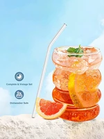 Leeseph 4Pcs Creative Glass Cups Coffee Mug Vintage Drinking Glasses Ribbed Glassware Aesthetic Cups with Straws Set - Image 5