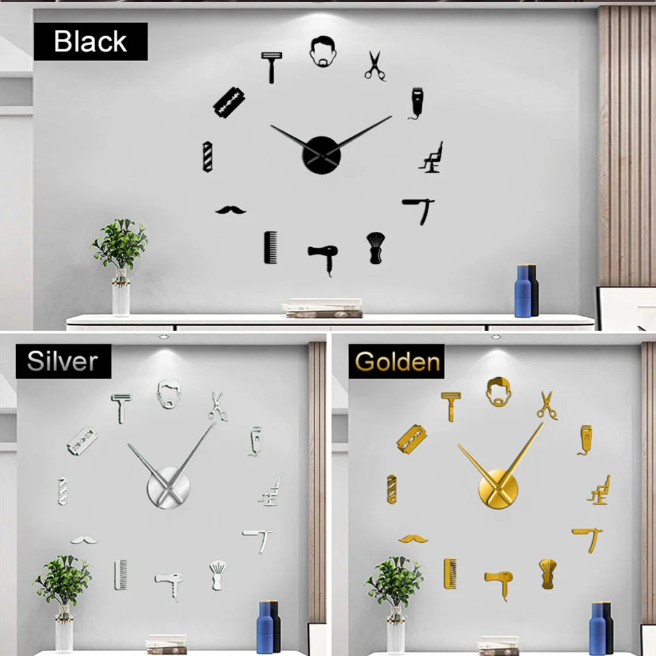 Barber Shop Giant DIY Wall Clock Modern Design Barbershop Decoration 3D DIY Wall Mirror sticker Hair Stylist Hairdresser Gift