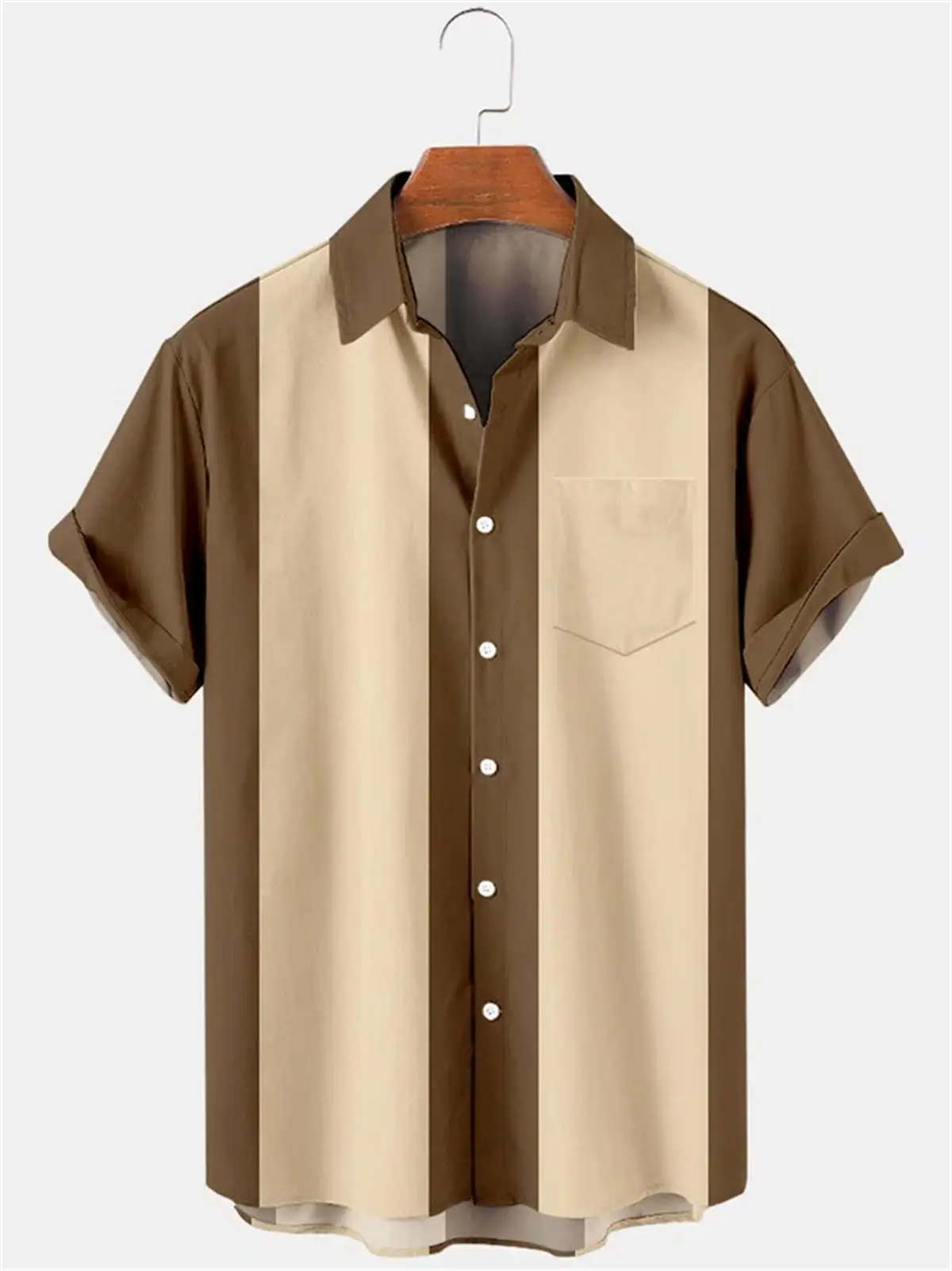 Hawaiian Men's Short Sleeved Shirt, Casual Stripe Printed National Style, Retro, Lapel, Open Button, Beach Top 5