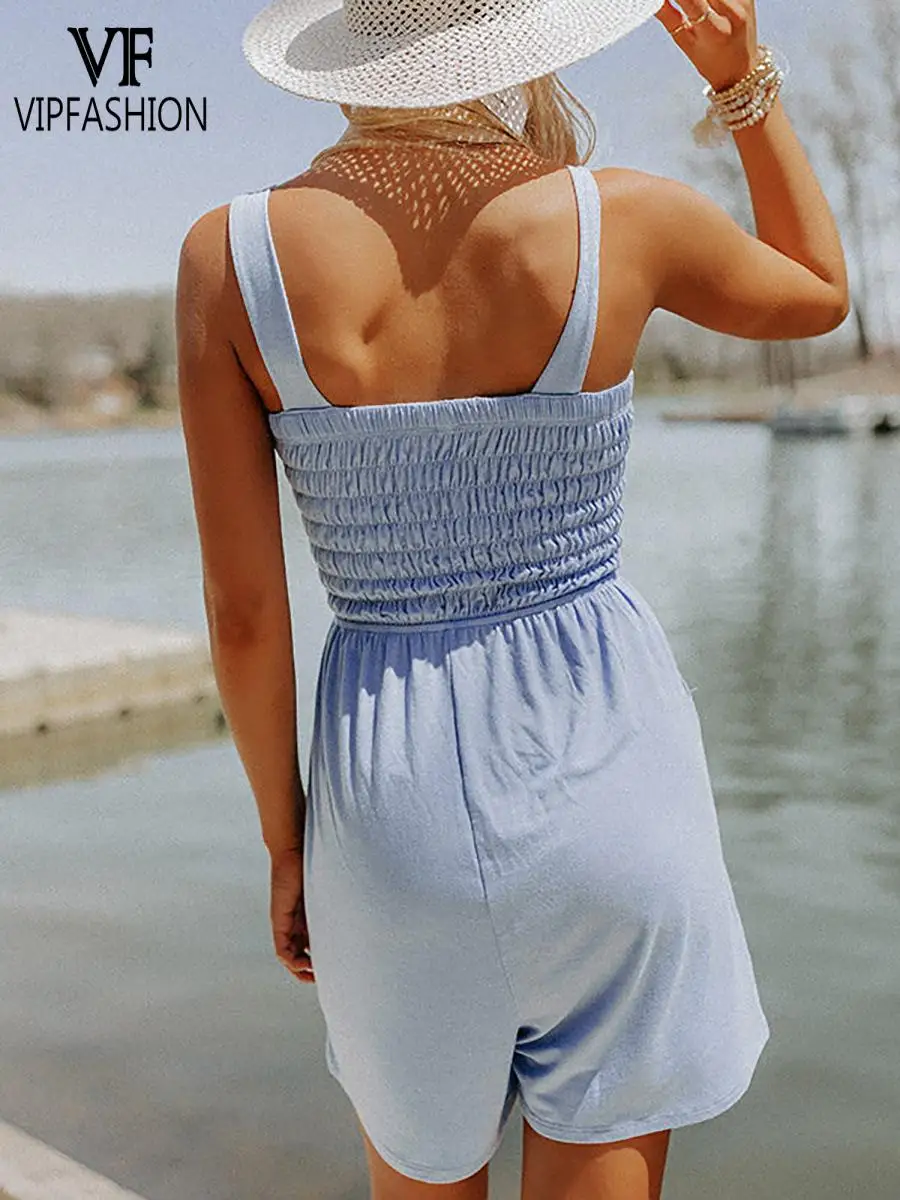 VIP FASHION Sky Blue Women Playsuits Summer Strap Romper Casual Streetwear Sleeveless Grab Jumpsuits Sexy Slim Fit Clothing