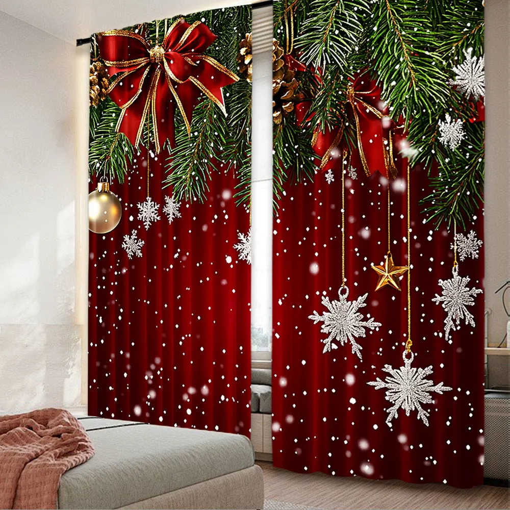2Pcs Christmas Curtains Classical Pine Tree Snowflakes Red Green Xmas Room Suitable For Living Room Bedroom Kitchen And Bathroom 4