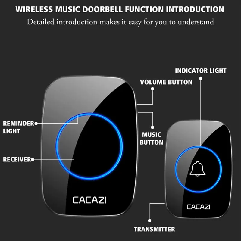 CACAZI 36 music 110DB 300M Wireless Doorbell Waterproof Remote Battery powered Smart Door Bell Battery 1  2 Button 1 2  Receiver images - 6