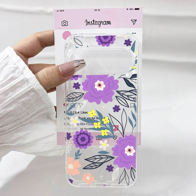 Retro Blue Leaf & Pink Rose Floral Clear Phone Case - Soft TPU Cover Shell
