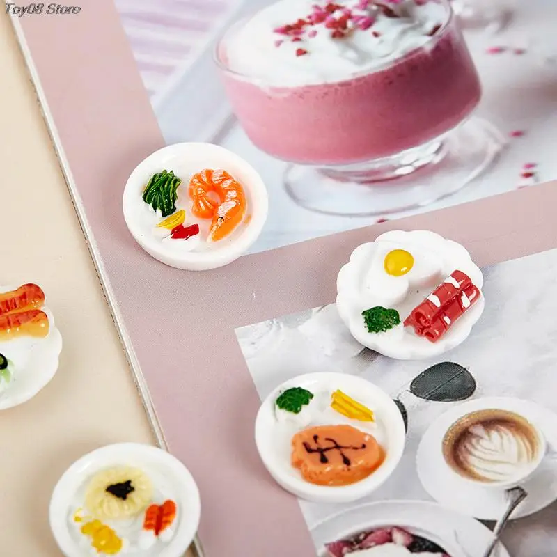 5pcs 1/12 Dollhouse Miniature Breakfast Plate Egg Bread Simulation Food Model Ornaments Dolls House Accessories pretend food toys,doll house toys