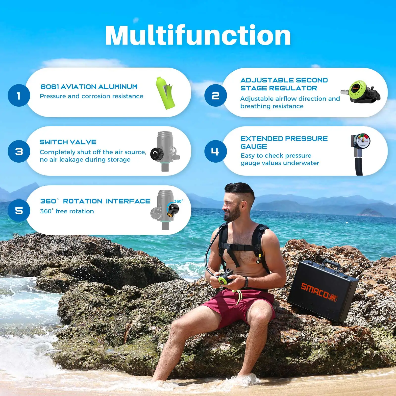 Bombola Subacquea Mini SMACO S400 - Serbatoio Ossigeno Portatile Per Immersioni 15-20 Minuti, Con Borsa Da Cintura - Foto 2