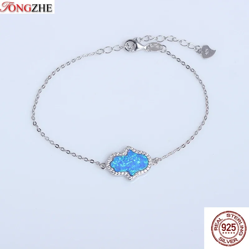 

TONGZHE Bracelets Woman Fashion 925 Sterling Silver Jewelry Lucky Synthetic Opal Hamsa Hand Bracelet Men Pulseras